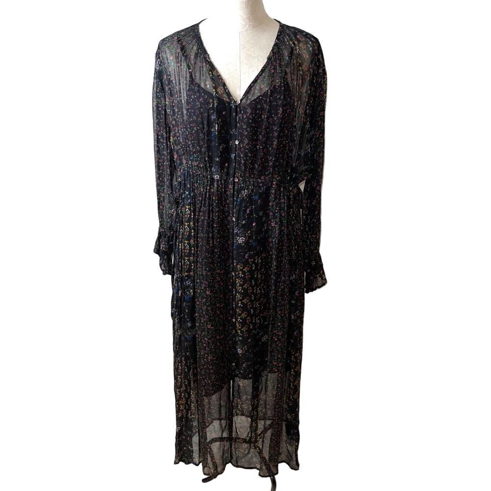 Ne Quittez Pas Womens Maxi Dress Size Small Black Chiffon Floral Pure Rayon Slip